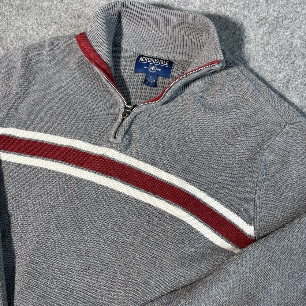 Aeropostale 1/4 Zip Mens Large Pullover Gray Red Preppy Knit Y2K Quarter Zip